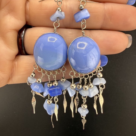 Estate Jewelry - Vintage Estate Chandelier Earrings Blue Glass Dangle Silver Tone READ
